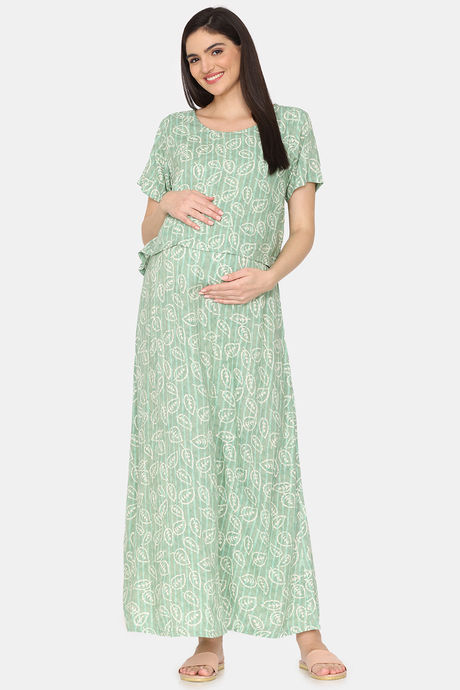 Coucou Maternity Woven Full Length Nightdress With Front Zipper And Discreet Feeding - Summer Green — image 2